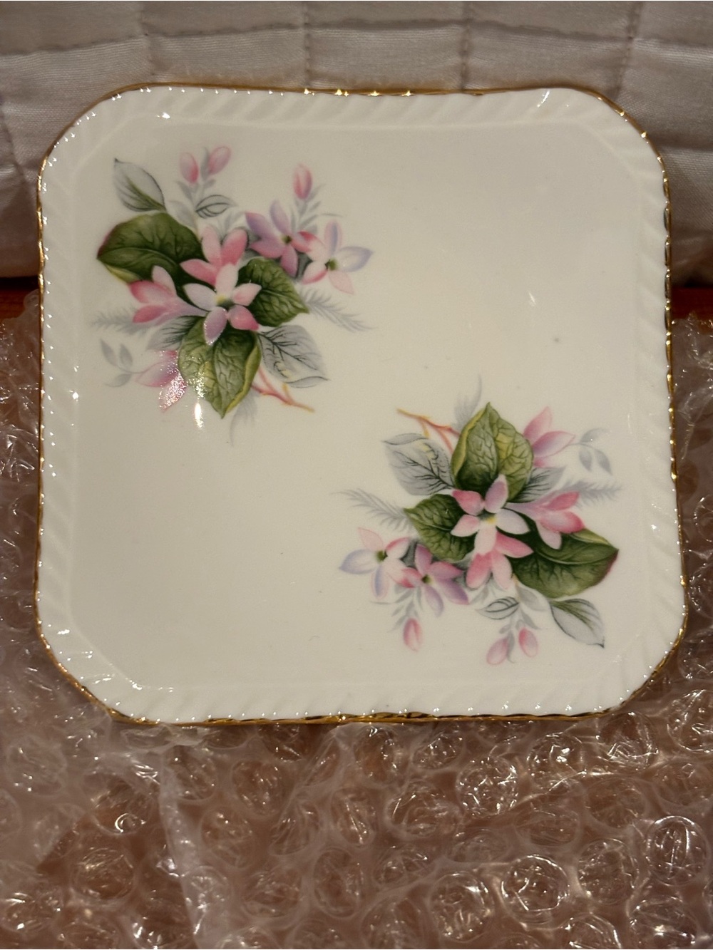 Elegant Floral Porcelain Tray with Pink and Green Accents and Gold Trim
